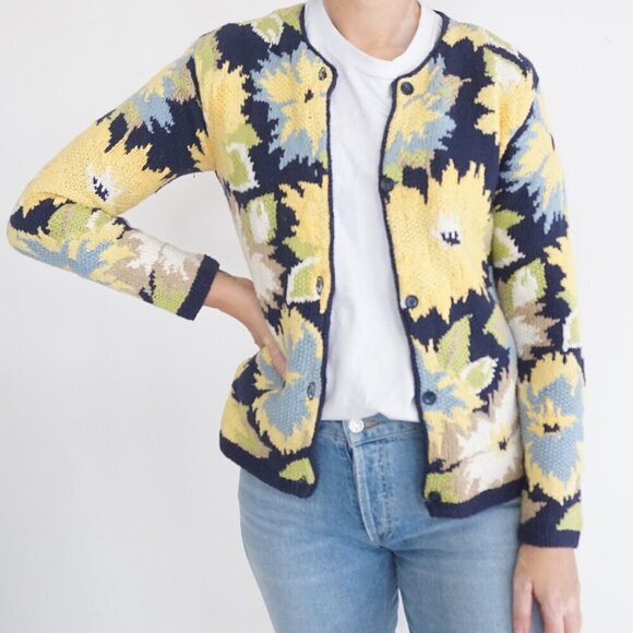 Susan Bristol Sweaters - Vintage Susan Bristol Navy Yellow Knit Floral Button Up Cardigan Sweater S